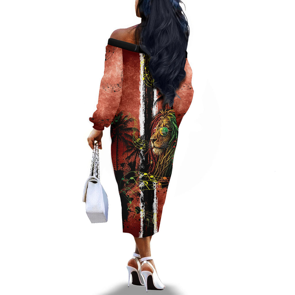 One Love Trinidad And Tobago Off The Shoulder Long Sleeve Dress Rastafarian Lion Reggae Grunge Style