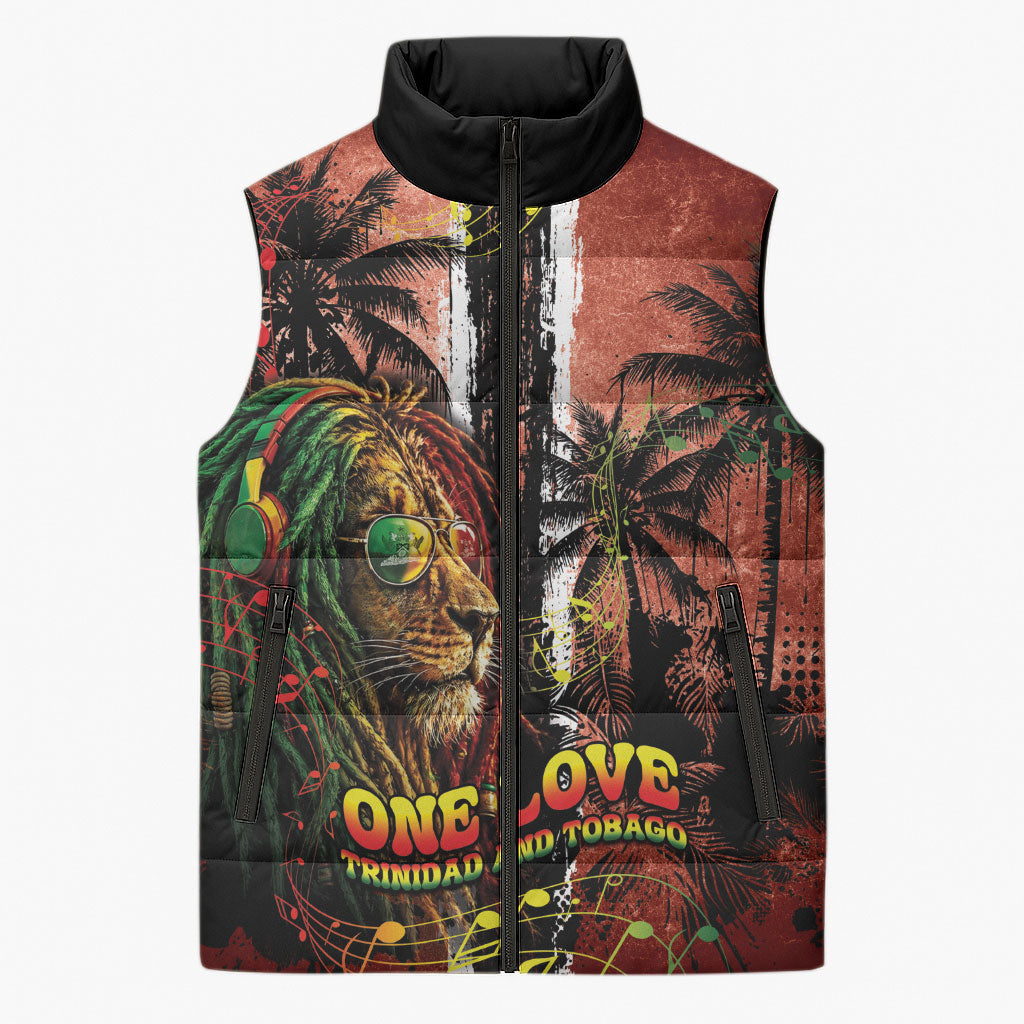 One Love Trinidad And Tobago Sleeveless Puffer Jacket Rastafarian Lion Reggae Grunge Style