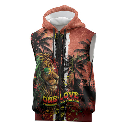 One Love Trinidad And Tobago Sleeveless Zip Hoodie Rastafarian Lion Reggae Grunge Style