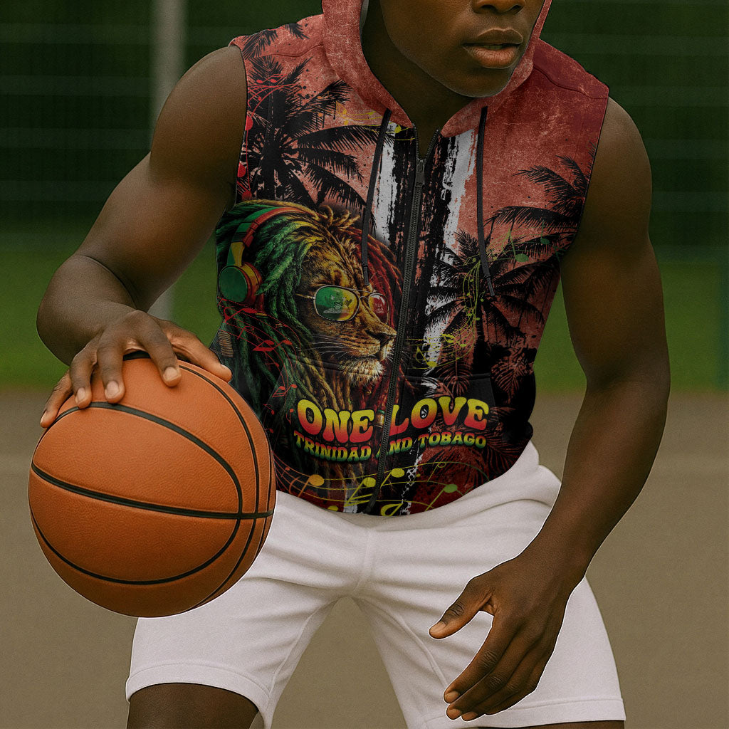 One Love Trinidad And Tobago Sleeveless Zip Hoodie Rastafarian Lion Reggae Grunge Style