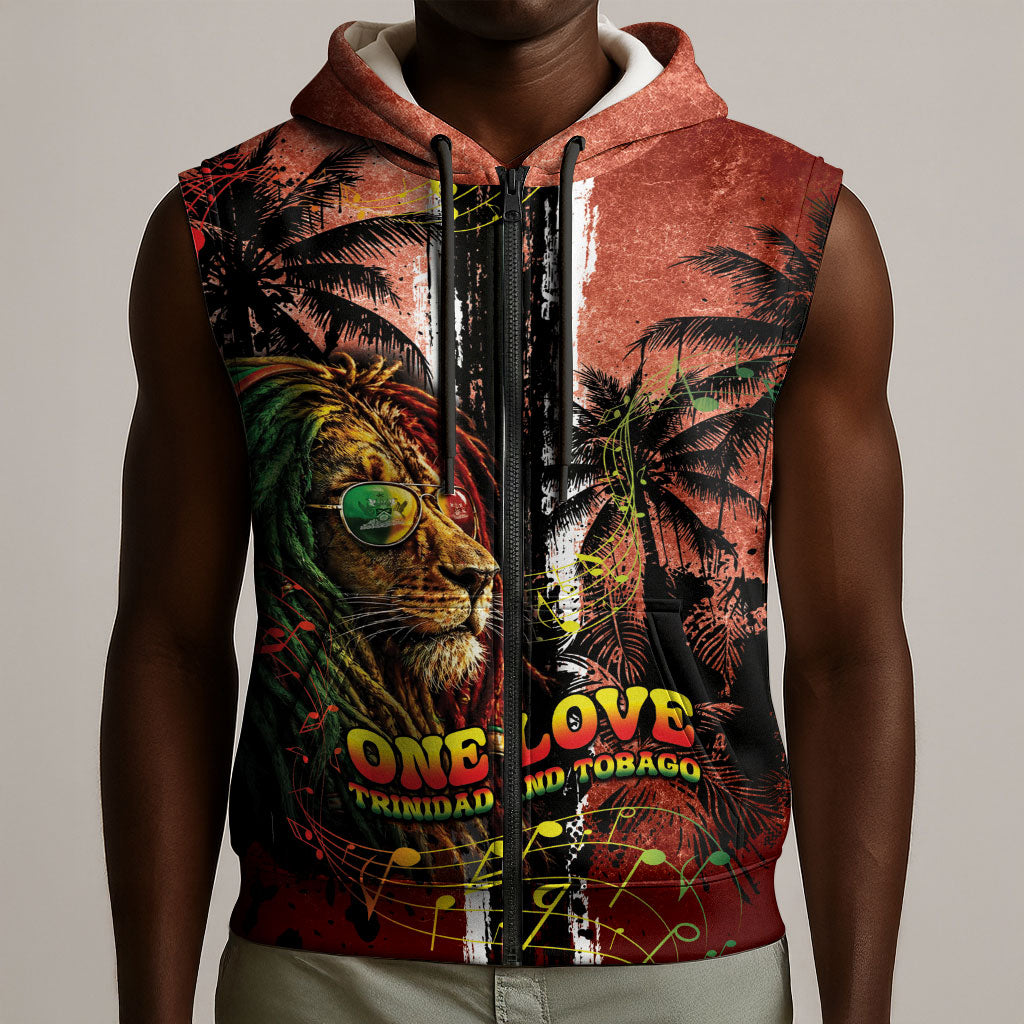 One Love Trinidad And Tobago Sleeveless Zip Hoodie Rastafarian Lion Reggae Grunge Style