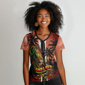 One Love Trinidad And Tobago Women V-Neck T-Shirt Rastafarian Lion Reggae Grunge Style
