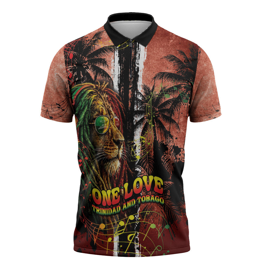One Love Trinidad And Tobago Zipper Polo Shirt Rastafarian Lion Reggae Grunge Style