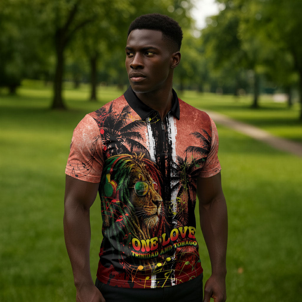 One Love Trinidad And Tobago Zipper Polo Shirt Rastafarian Lion Reggae Grunge Style