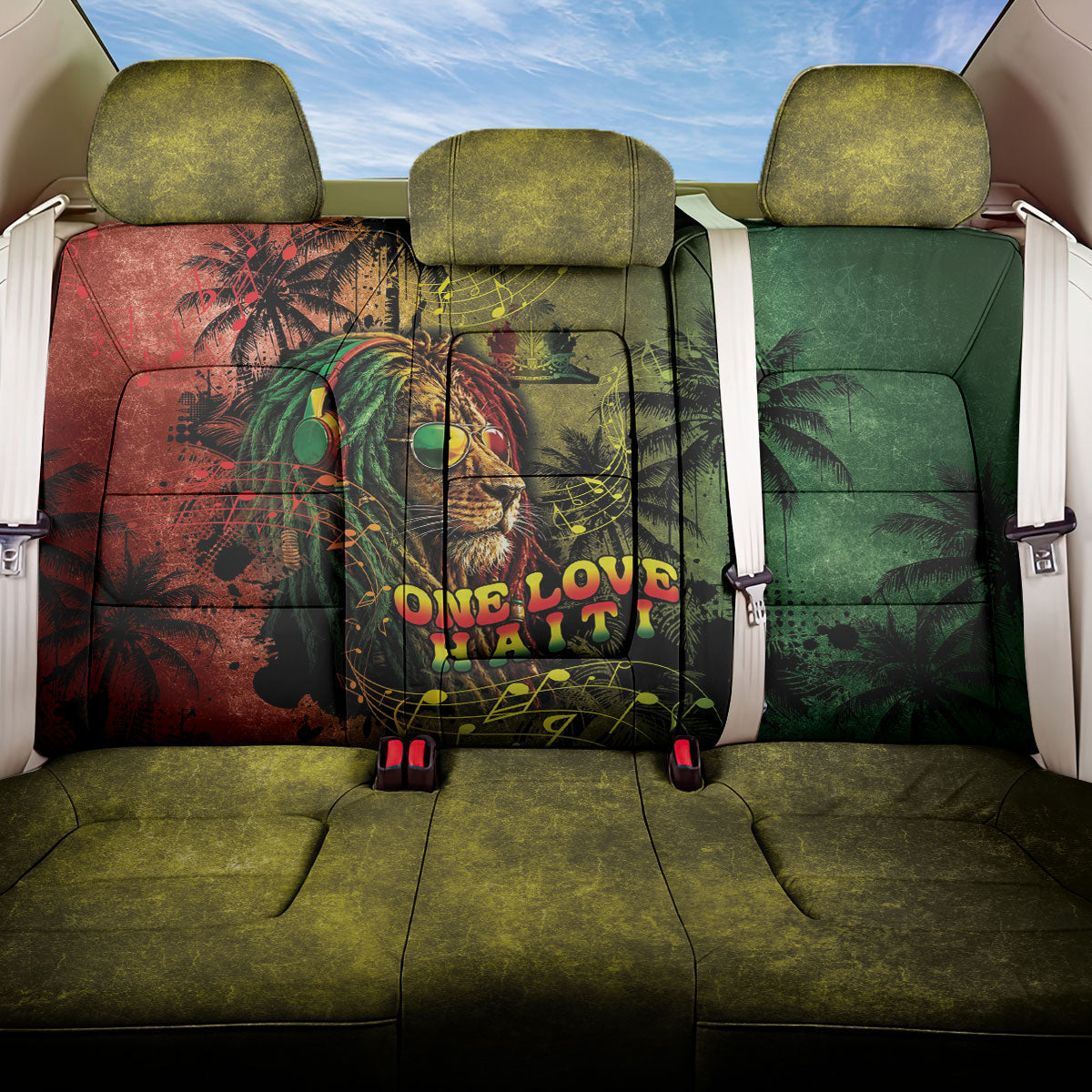 One Love Afro Haiti Back Car Seat Cover Rastafarian Lion Reggae Grunge Style