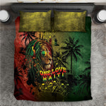 One Love Afro Haiti Bedding Set Rastafarian Lion Reggae Grunge Style