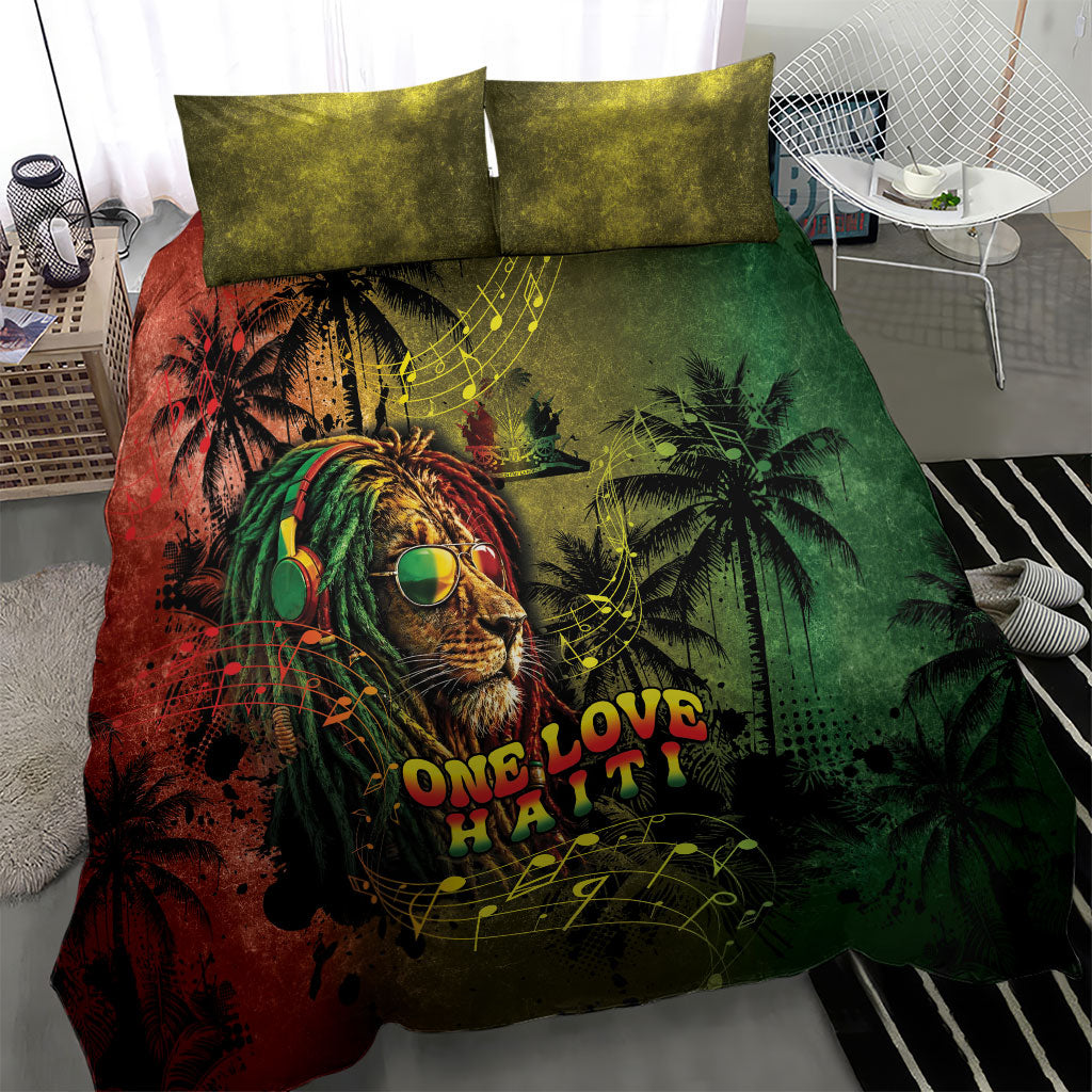One Love Afro Haiti Bedding Set Rastafarian Lion Reggae Grunge Style