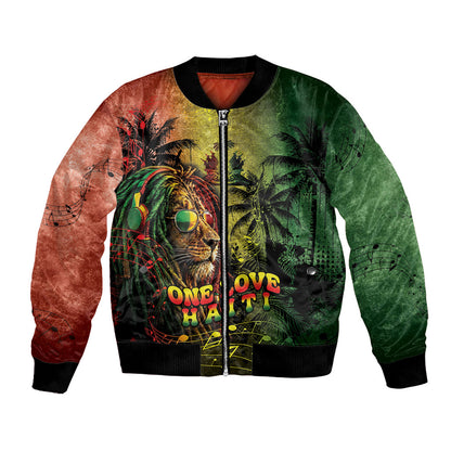 One Love Afro Haiti Bomber Jacket Rastafarian Lion Reggae Grunge Style