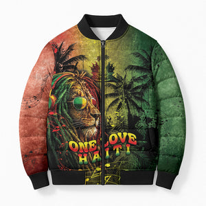 One Love Afro Haiti Bomber Puffer Jacket Rastafarian Lion Reggae Grunge Style