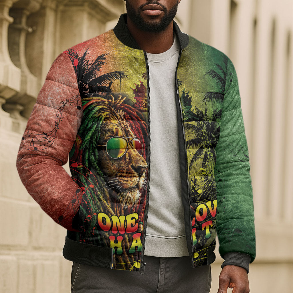 One Love Afro Haiti Bomber Puffer Jacket Rastafarian Lion Reggae Grunge Style
