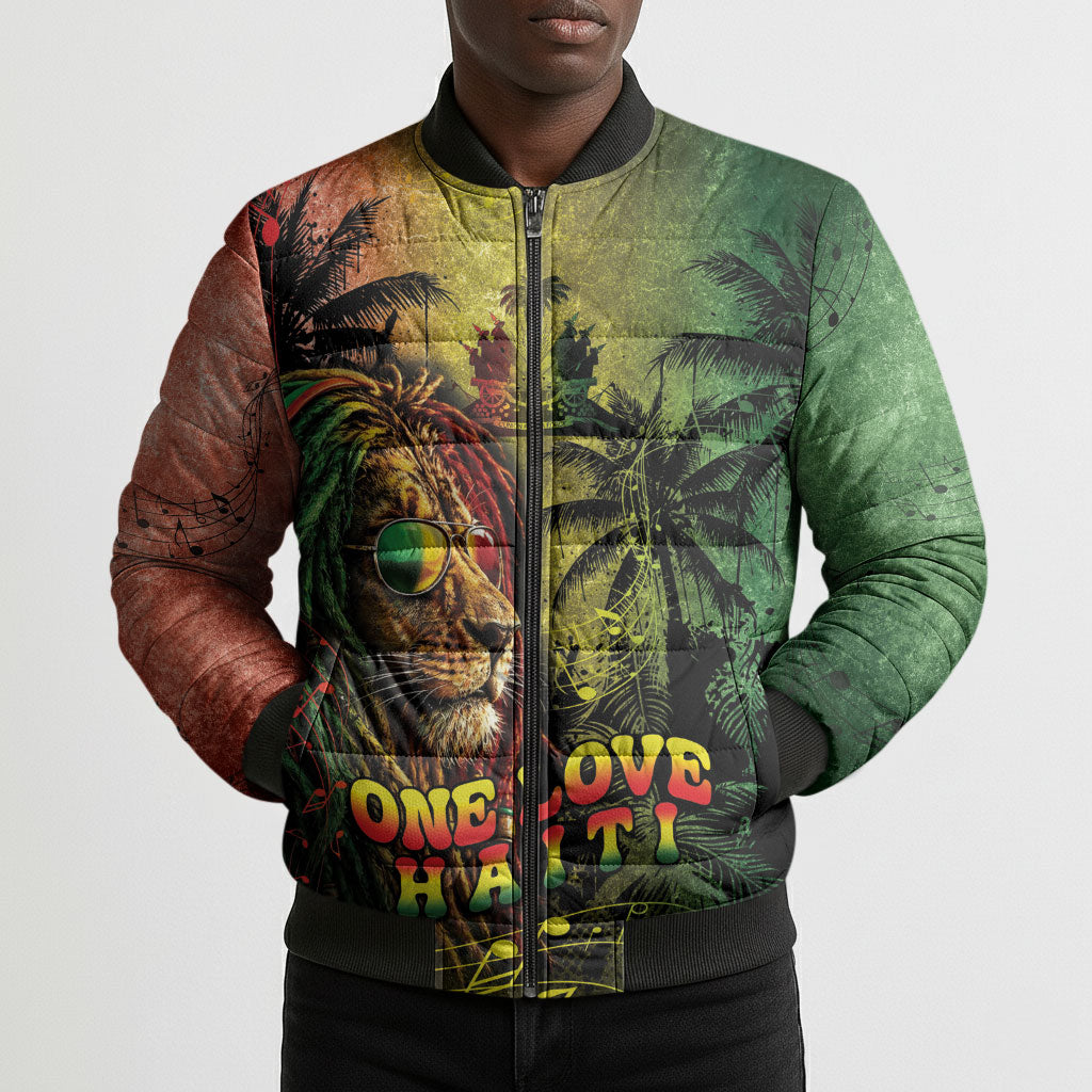 One Love Afro Haiti Bomber Puffer Jacket Rastafarian Lion Reggae Grunge Style