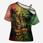 One Love Afro Haiti Cross Shoulder Shirt Rastafarian Lion Reggae Grunge Style