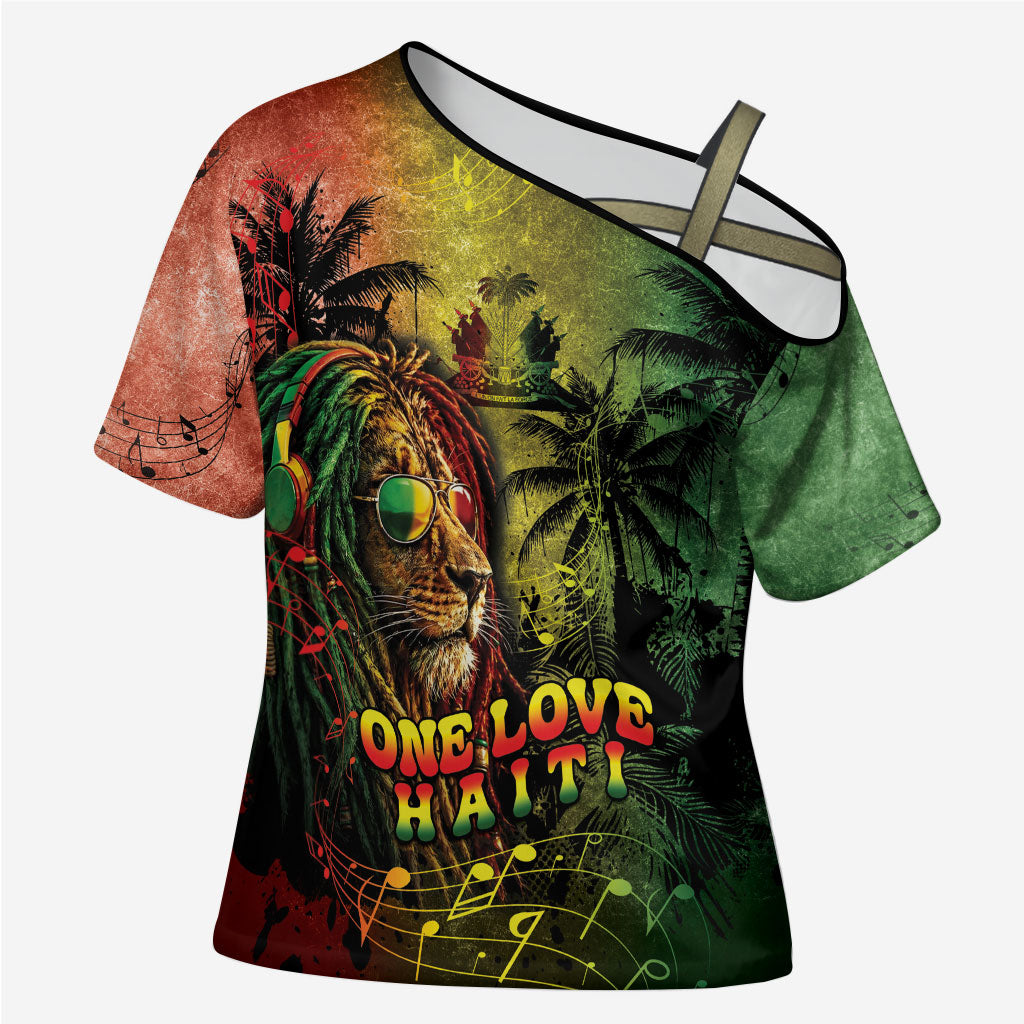 One Love Afro Haiti Cross Shoulder Shirt Rastafarian Lion Reggae Grunge Style
