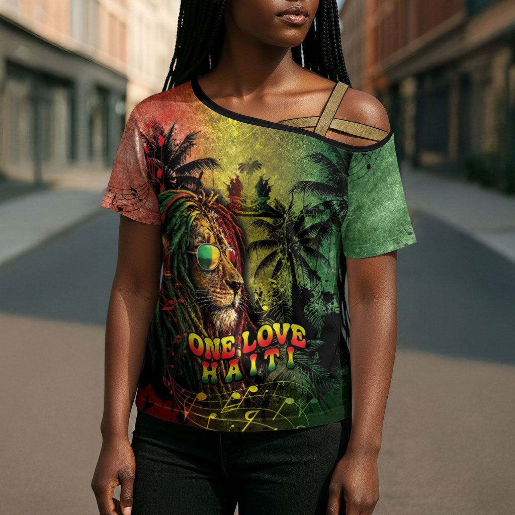 One Love Afro Haiti Cross Shoulder Shirt Rastafarian Lion Reggae Grunge Style