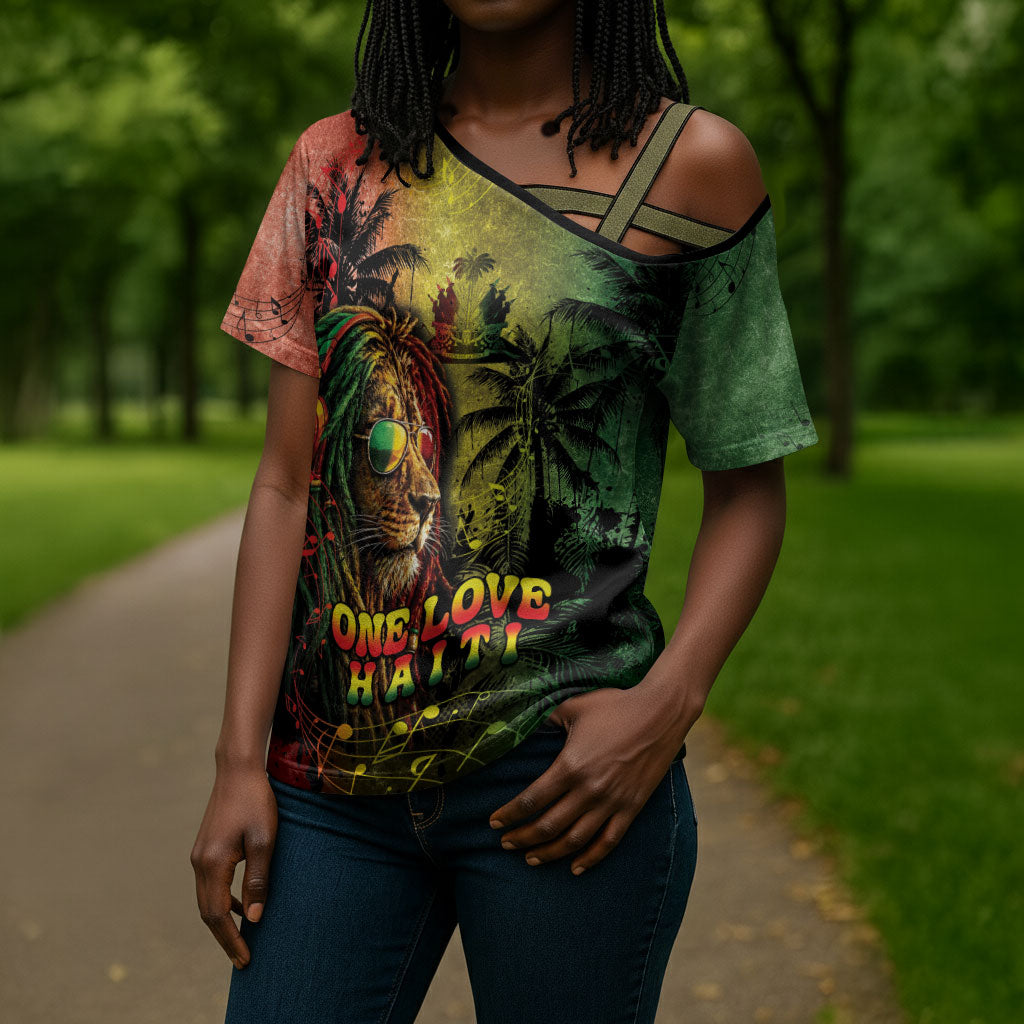 One Love Afro Haiti Cross Shoulder Shirt Rastafarian Lion Reggae Grunge Style