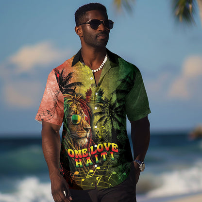 One Love Afro Haiti Hawaiian Shirt Rastafarian Lion Reggae Grunge Style