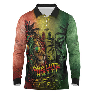 One Love Afro Haiti Long Sleeve Polo Shirt Rastafarian Lion Reggae Grunge Style
