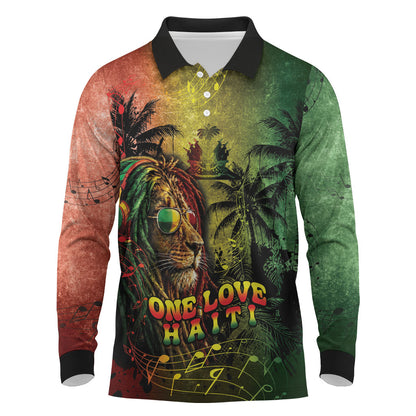 One Love Afro Haiti Long Sleeve Polo Shirt Rastafarian Lion Reggae Grunge Style