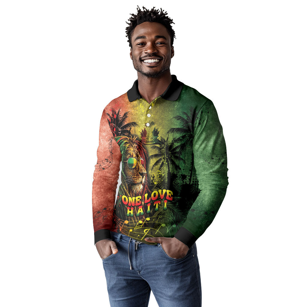 One Love Afro Haiti Long Sleeve Polo Shirt Rastafarian Lion Reggae Grunge Style