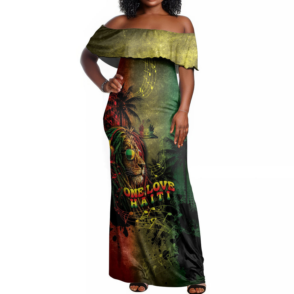 One Love Afro Haiti Off Shoulder Maxi Dress Rastafarian Lion Reggae Grunge Style