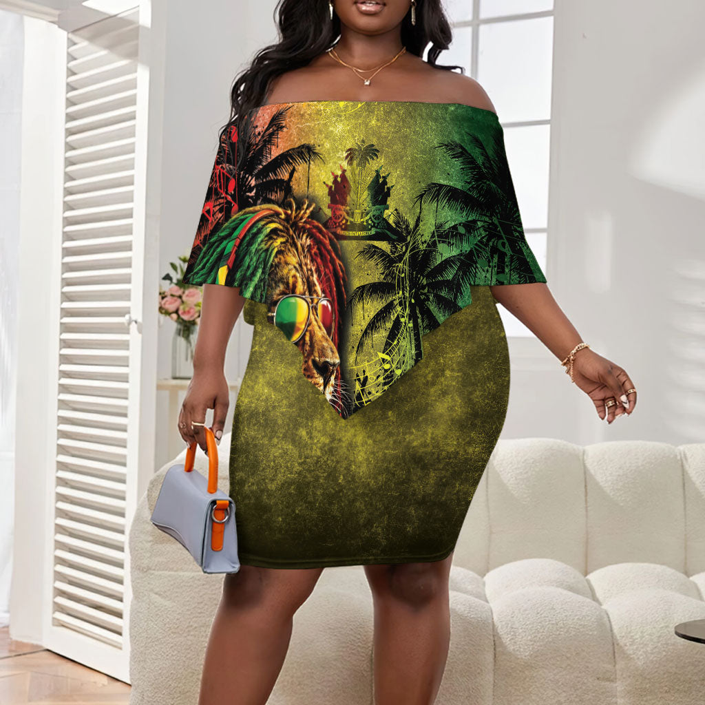 One Love Afro Haiti Off Shoulder Short Dress Rastafarian Lion Reggae Grunge Style