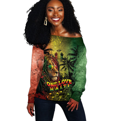 One Love Afro Haiti Off Shoulder Sweater Rastafarian Lion Reggae Grunge Style