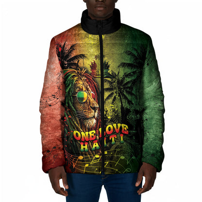 One Love Afro Haiti Padded Jacket Rastafarian Lion Reggae Grunge Style