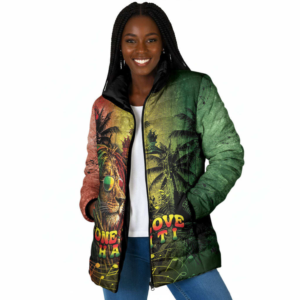One Love Afro Haiti Padded Jacket Rastafarian Lion Reggae Grunge Style