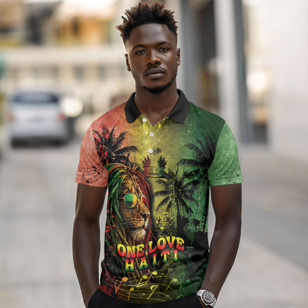 One Love Afro Haiti Polo Shirt Rastafarian Lion Reggae Grunge Style