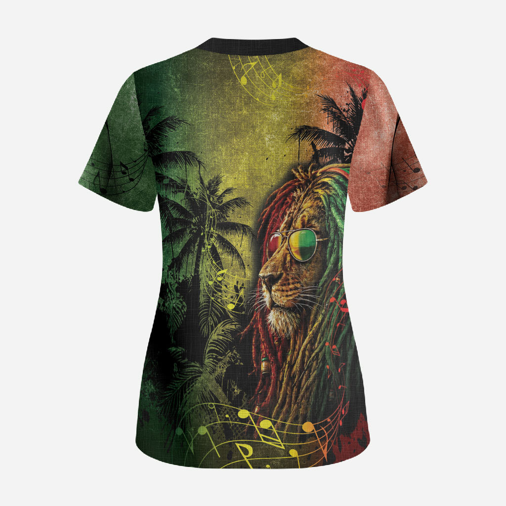 One Love Afro Haiti Scrub Top Rastafarian Lion Reggae Grunge Style