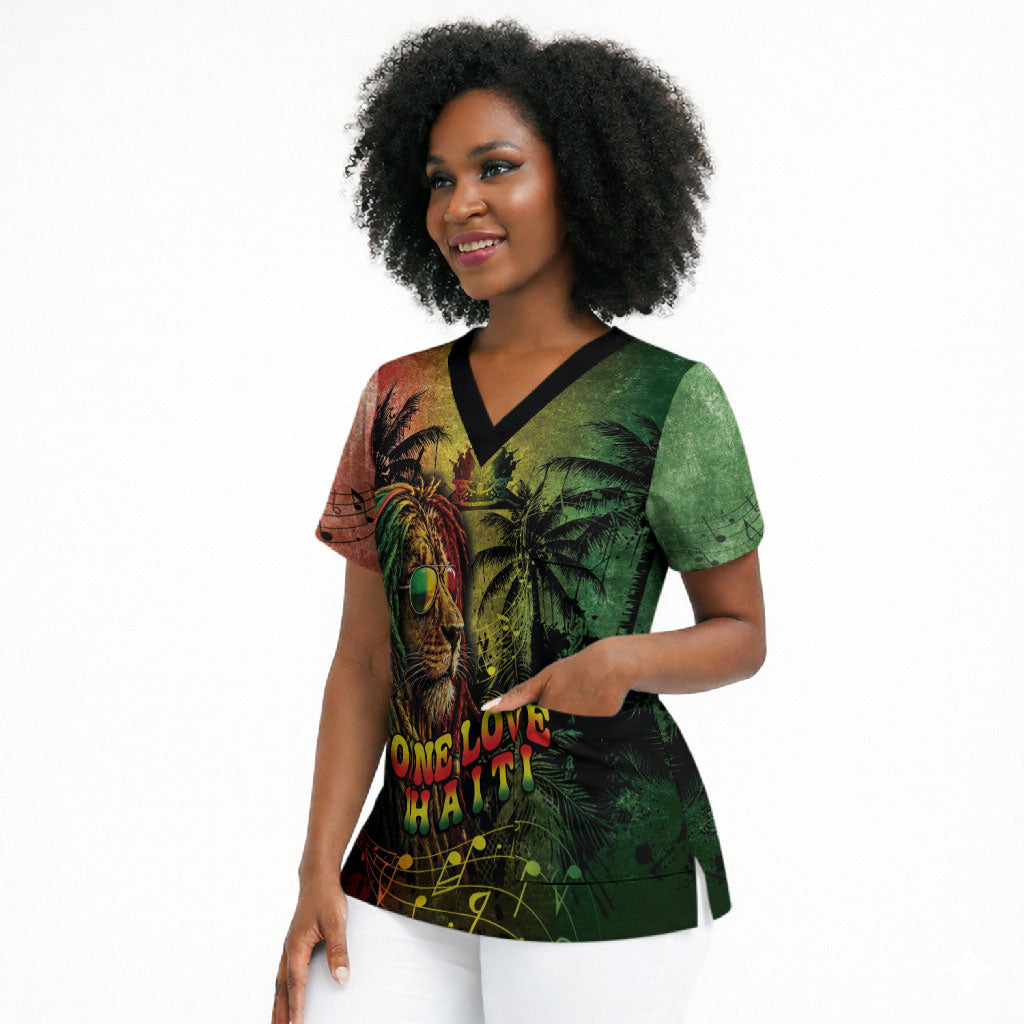 One Love Afro Haiti Scrub Top Rastafarian Lion Reggae Grunge Style