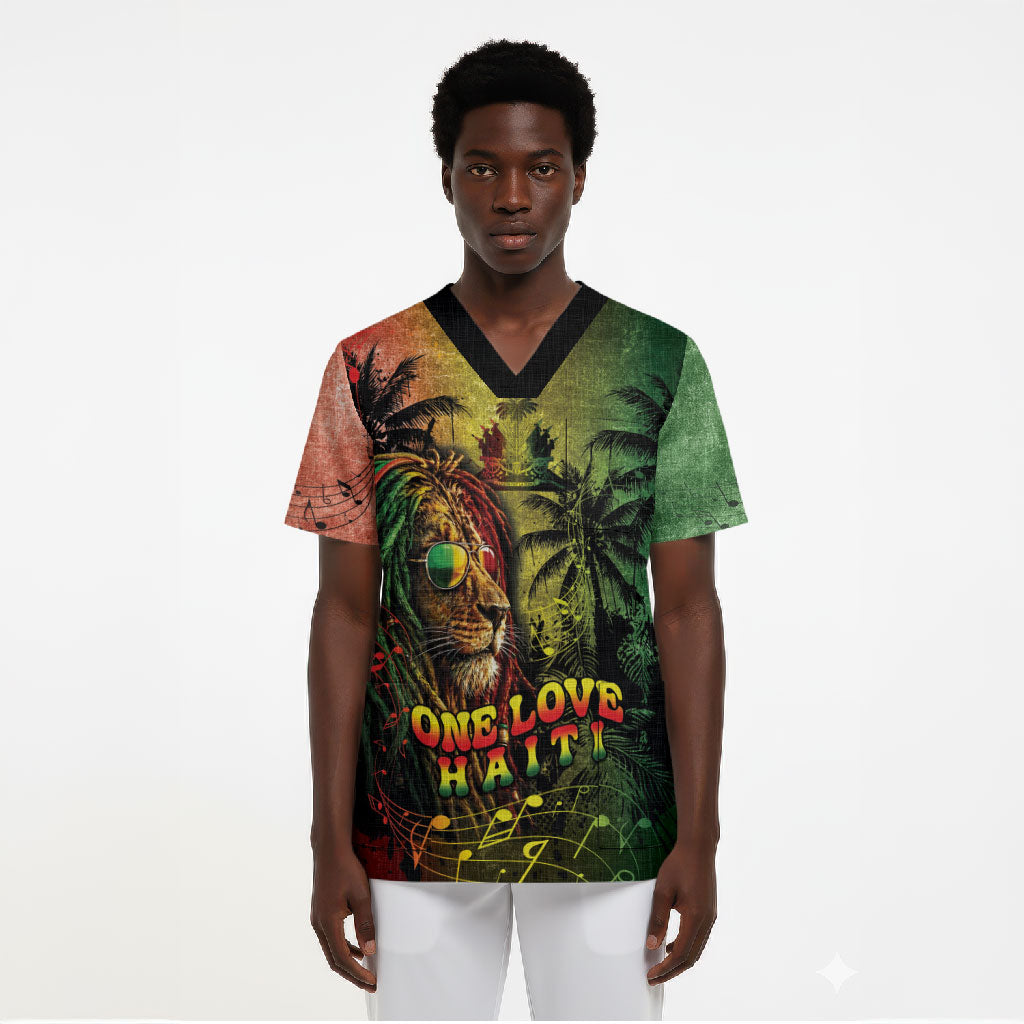 One Love Afro Haiti Scrub Top Rastafarian Lion Reggae Grunge Style