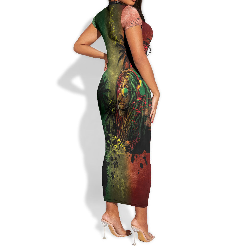 One Love Afro Haiti Short Sleeve Bodycon Dress Rastafarian Lion Reggae Grunge Style