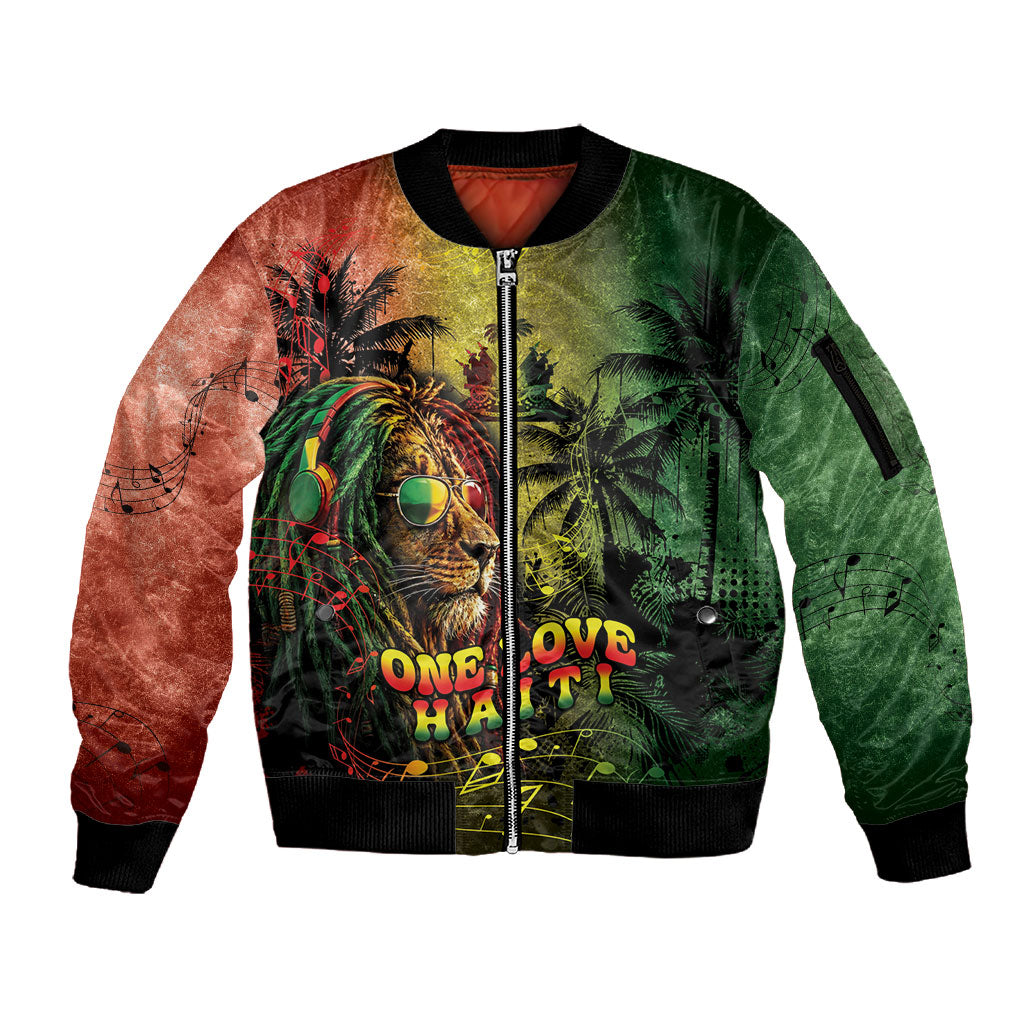 One Love Afro Haiti Sleeve Zip Bomber Jacket Rastafarian Lion Reggae Grunge Style