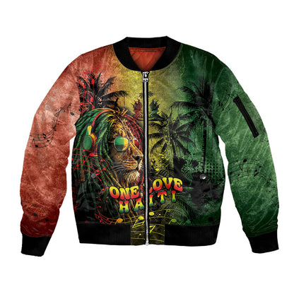 One Love Afro Haiti Sleeve Zip Bomber Jacket Rastafarian Lion Reggae Grunge Style