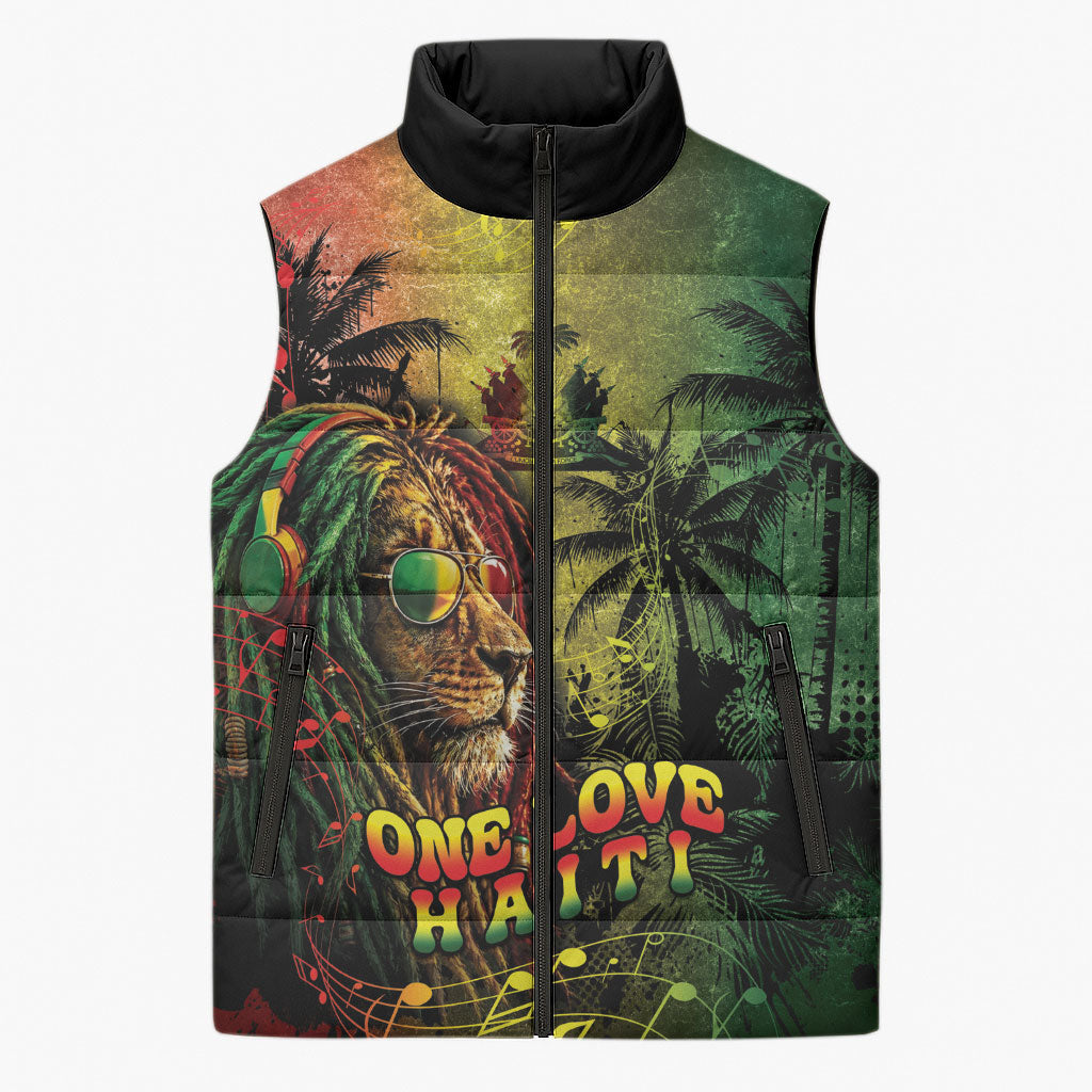 One Love Afro Haiti Sleeveless Puffer Jacket Rastafarian Lion Reggae Grunge Style