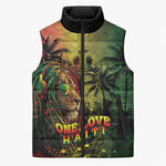 One Love Afro Haiti Sleeveless Puffer Jacket Rastafarian Lion Reggae Grunge Style