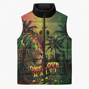 One Love Afro Haiti Sleeveless Puffer Jacket Rastafarian Lion Reggae Grunge Style