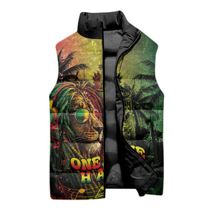 One Love Afro Haiti Sleeveless Puffer Jacket Rastafarian Lion Reggae Grunge Style