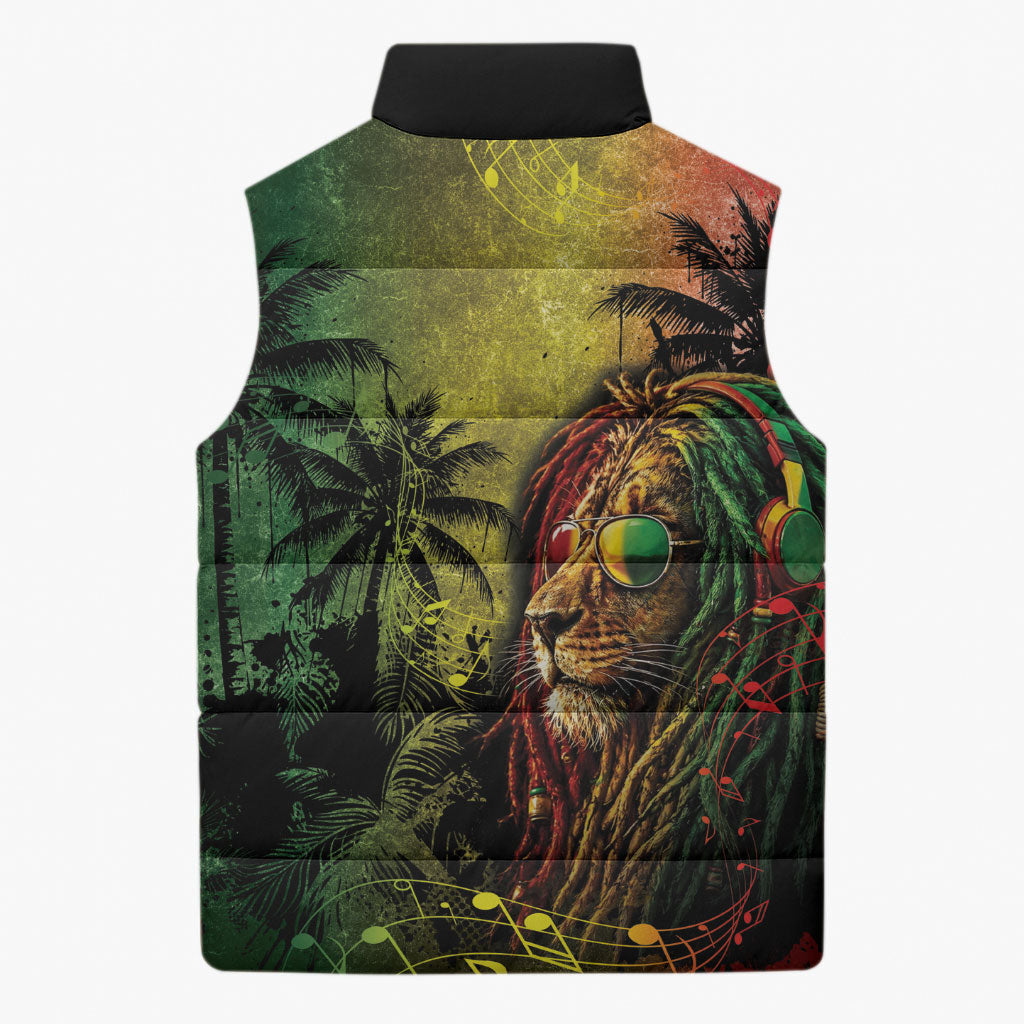 One Love Afro Haiti Sleeveless Puffer Jacket Rastafarian Lion Reggae Grunge Style