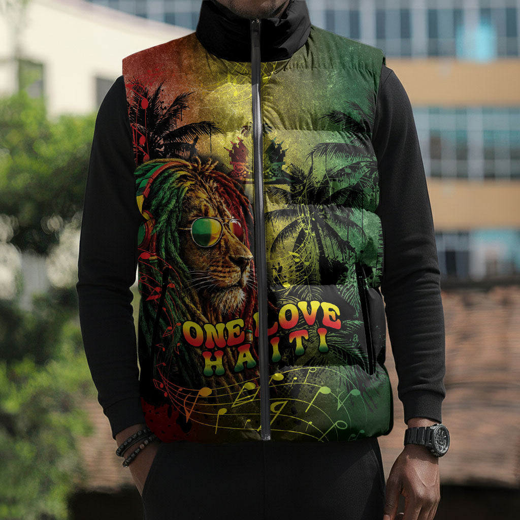 One Love Afro Haiti Sleeveless Puffer Jacket Rastafarian Lion Reggae Grunge Style