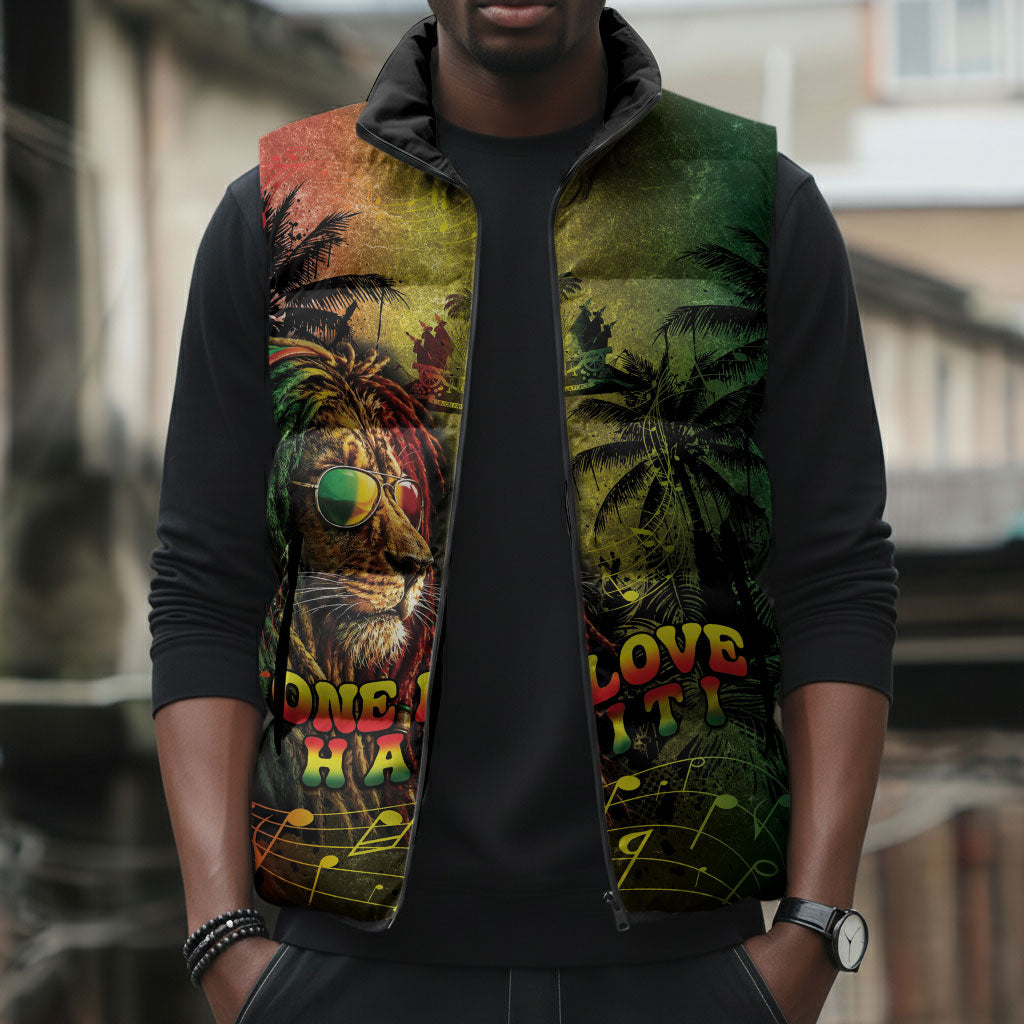 One Love Afro Haiti Sleeveless Puffer Jacket Rastafarian Lion Reggae Grunge Style