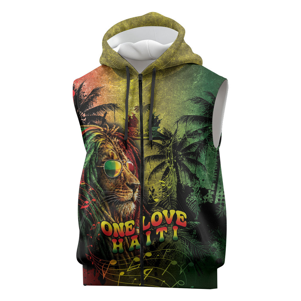 One Love Afro Haiti Sleeveless Zip Hoodie Rastafarian Lion Reggae Grunge Style