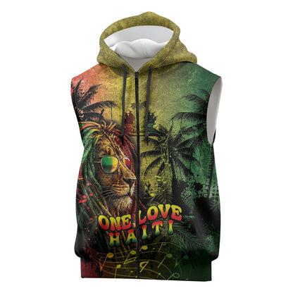 One Love Afro Haiti Sleeveless Zip Hoodie Rastafarian Lion Reggae Grunge Style