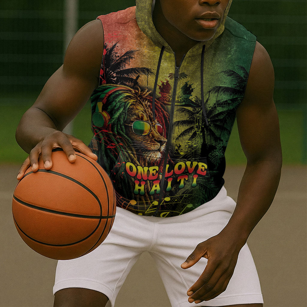 One Love Afro Haiti Sleeveless Zip Hoodie Rastafarian Lion Reggae Grunge Style
