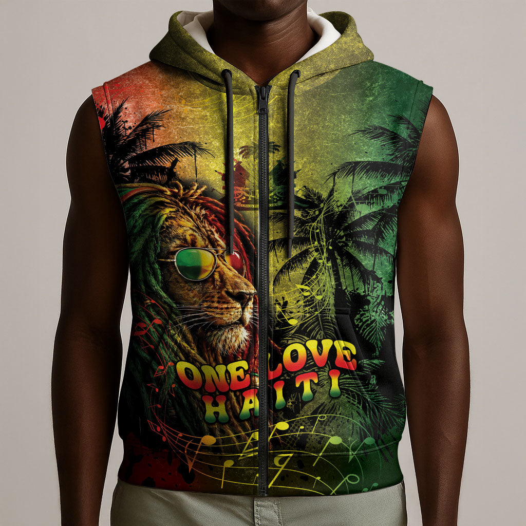 One Love Afro Haiti Sleeveless Zip Hoodie Rastafarian Lion Reggae Grunge Style