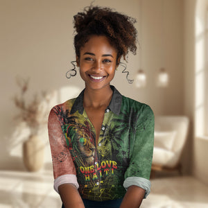 One Love Afro Haiti Women Casual Shirt Rastafarian Lion Reggae Grunge Style