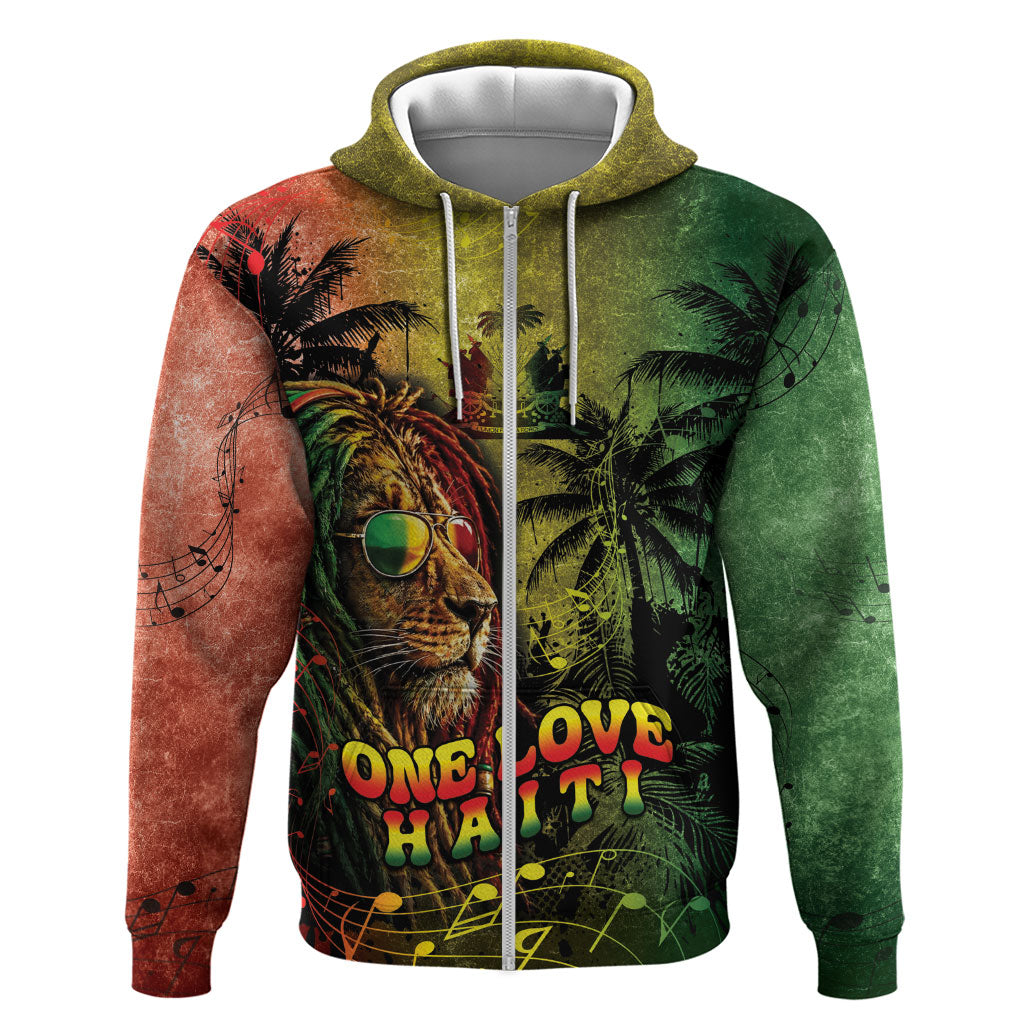One Love Afro Haiti Zip Hoodie Rastafarian Lion Reggae Grunge Style