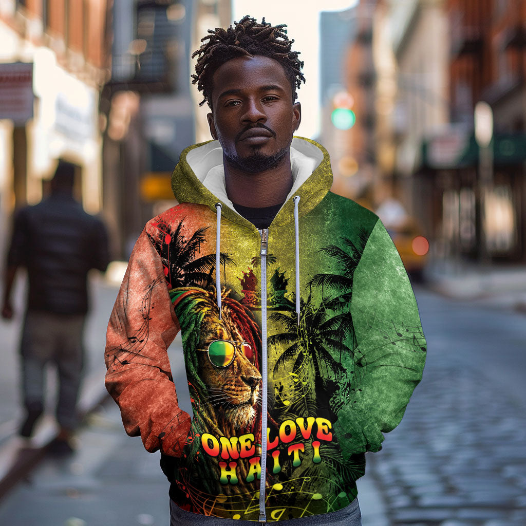 One Love Afro Haiti Zip Hoodie Rastafarian Lion Reggae Grunge Style