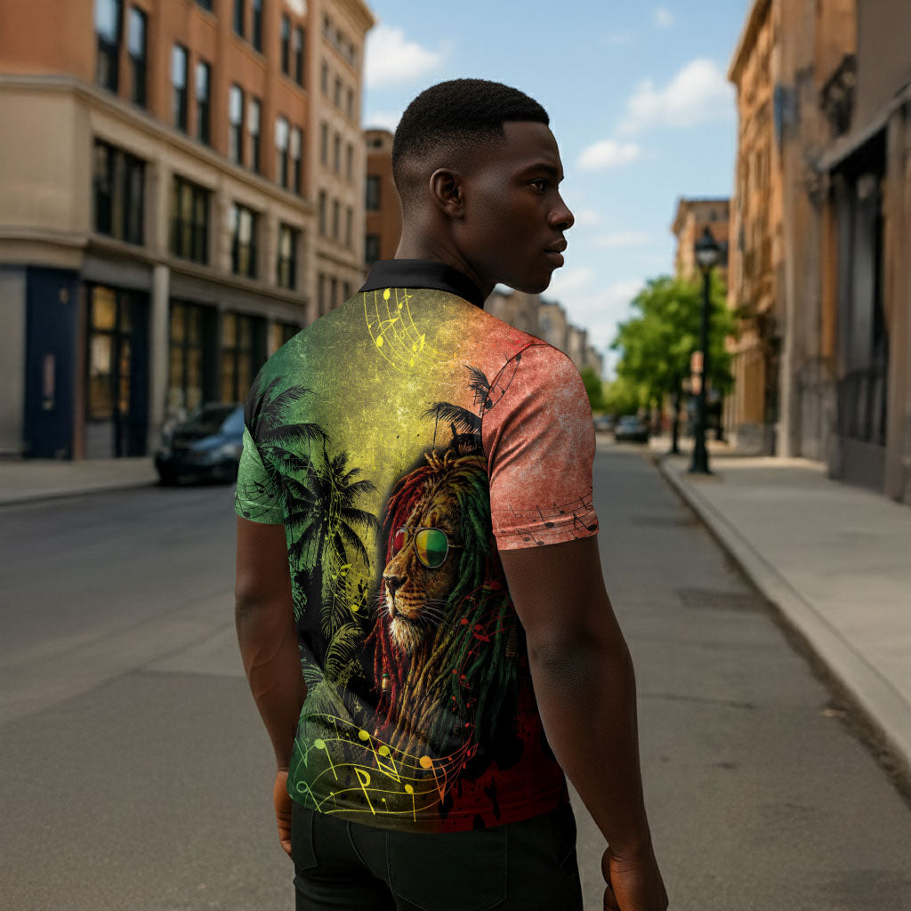 One Love Afro Haiti Zipper Polo Shirt Rastafarian Lion Reggae Grunge Style